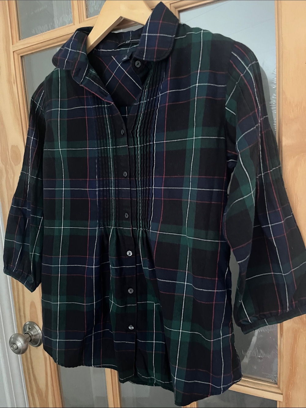 GAP babydoll style flannel plaid pleated top, 3/4 sleeve size small green blue
